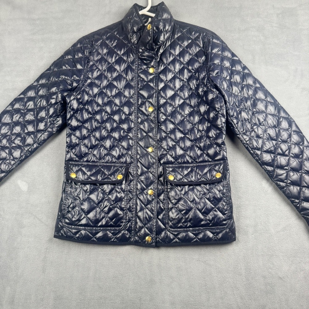 J.Crew Womens Navy Blue Diamond Quilted Down Puffer‎ Jacket Gold Snaps Size S